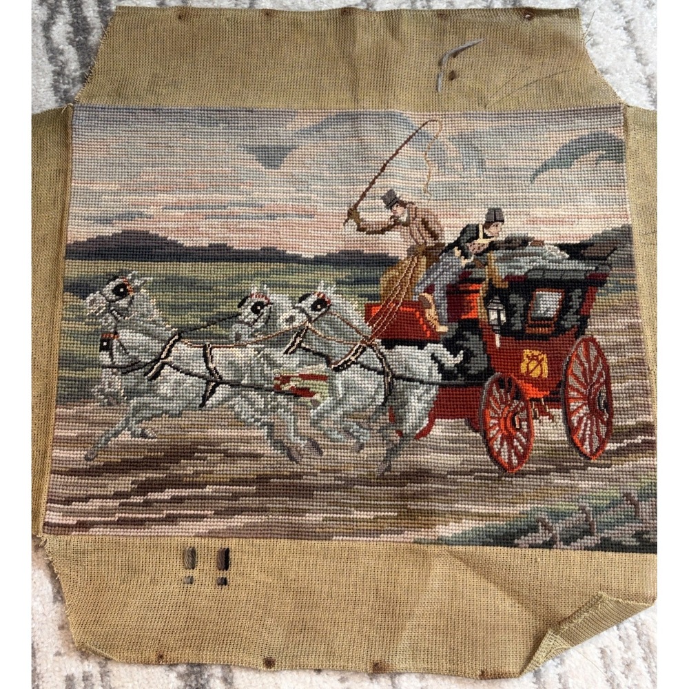 Vintage Needlepoint Western Horse Andβ Buggy Theme On Canvas No Frame 18"x14"